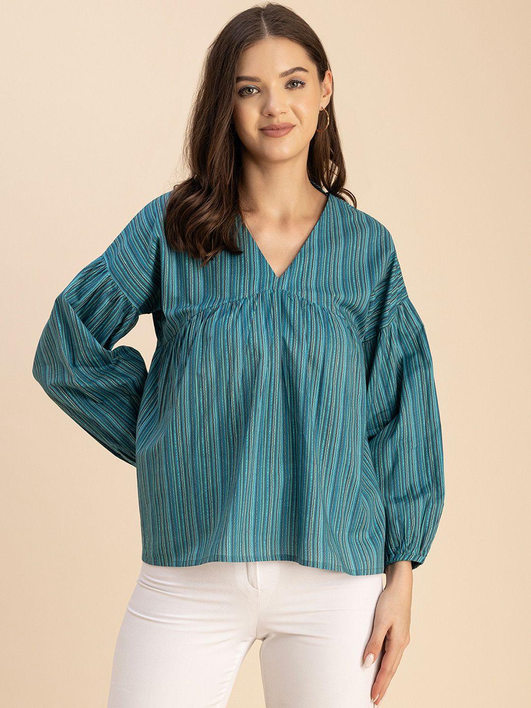 moomaya striped v-neck puff sleeve cotton top