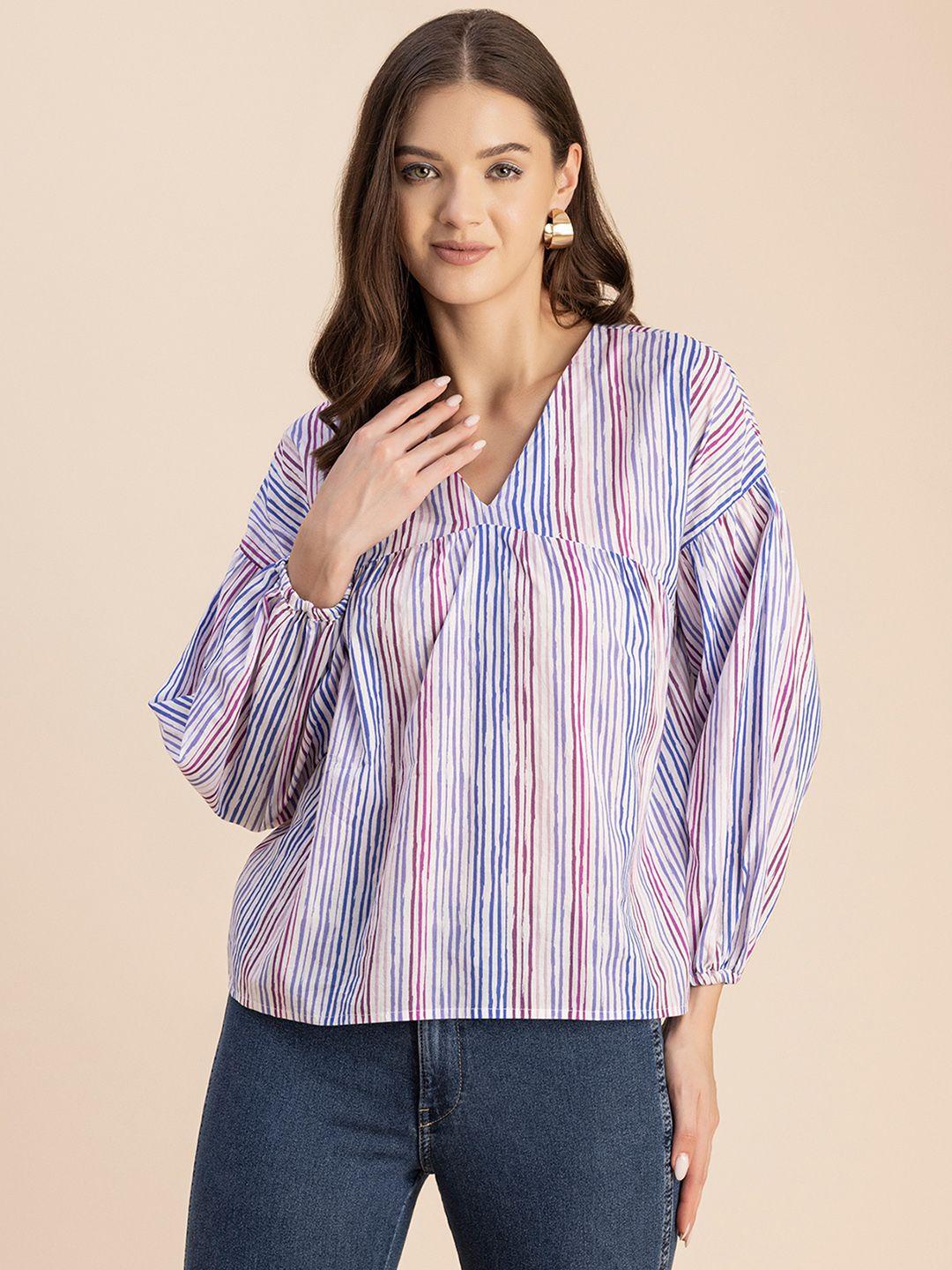 moomaya striped v-neck puff sleeve cotton top