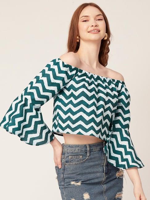 moomaya teal & white printed crop top