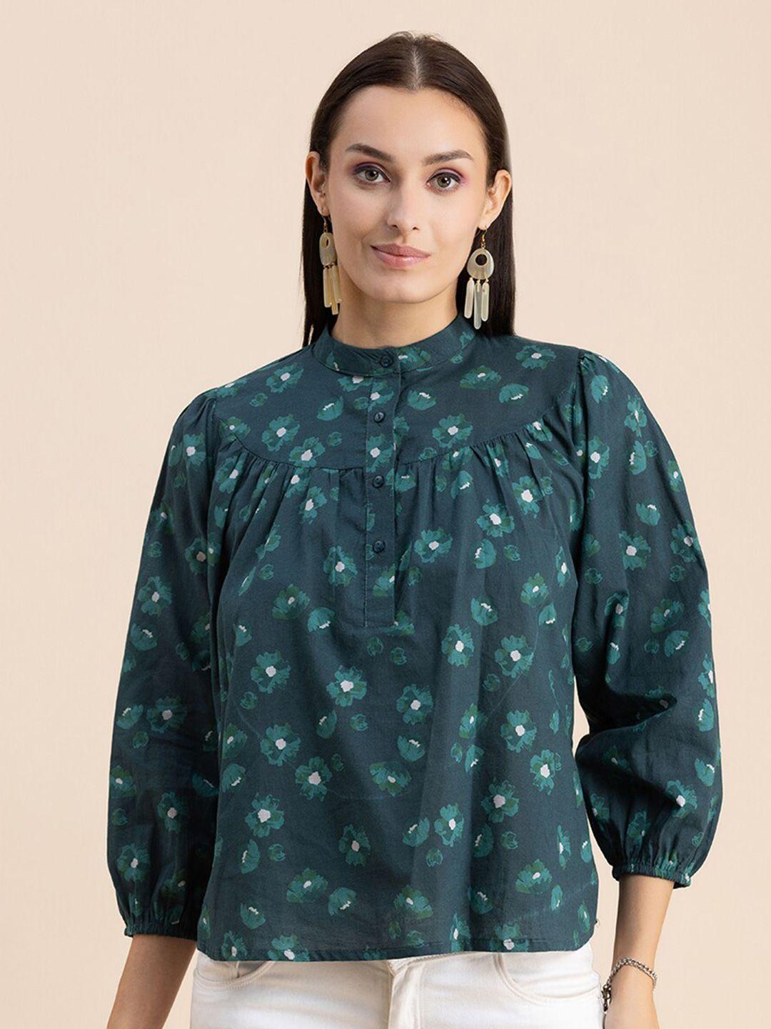 moomaya teal floral print puff sleeve cotton top