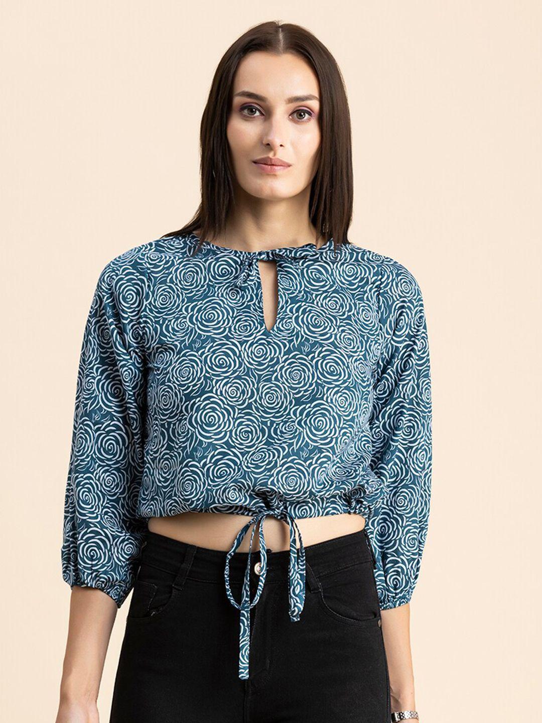 moomaya teal print keyhole neck cotton crop top