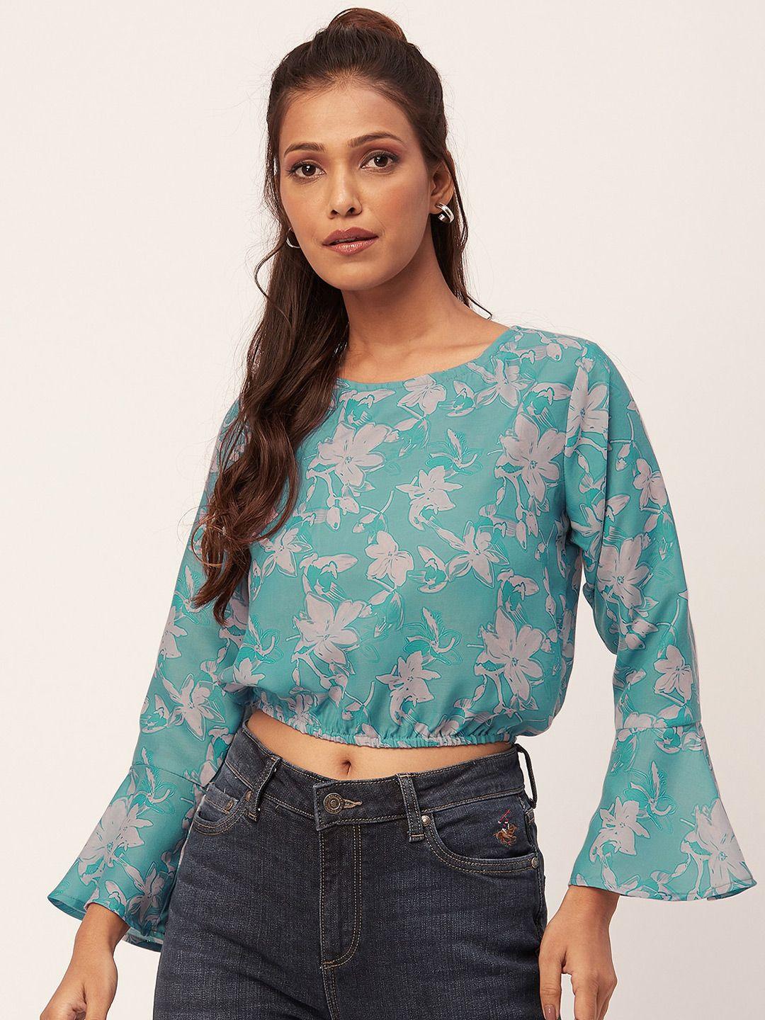 moomaya turquoise blue floral print bell sleeve crop top