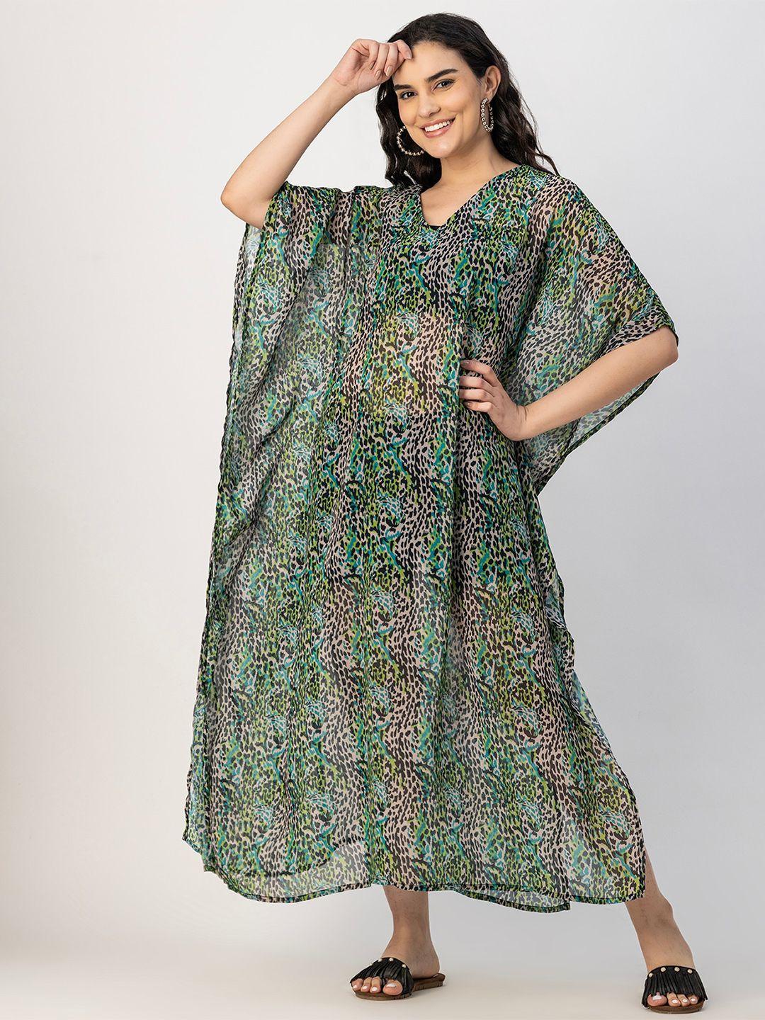 moomaya v neck abstract print kimono sleeve georgette kaftan maxi dress