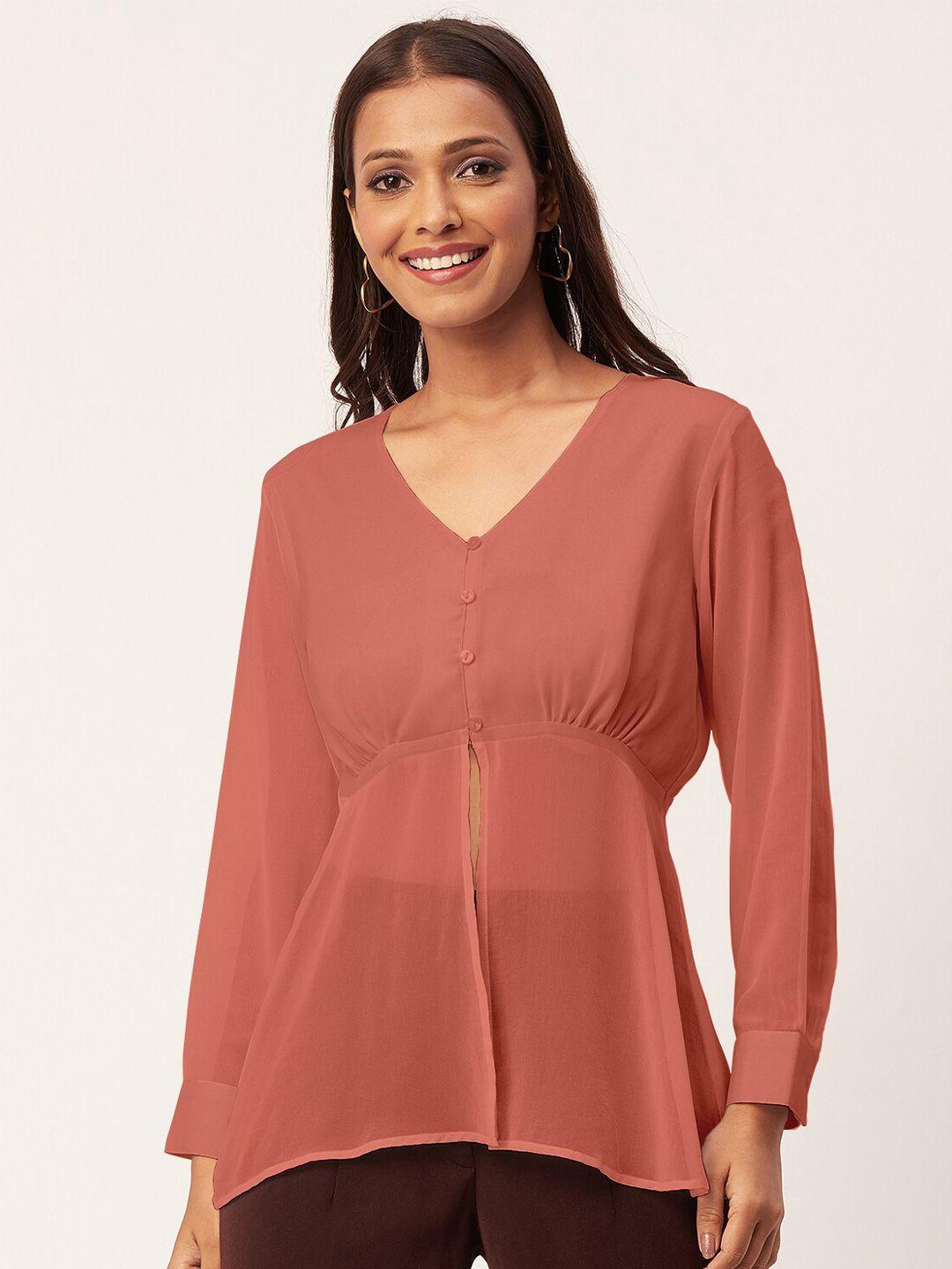 moomaya v neck cuffed sleeves cinched waist top