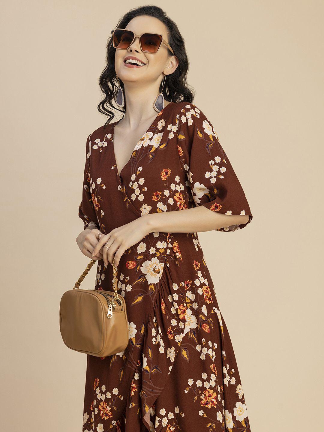 moomaya v-neck floral printed high-low midi wrap dress