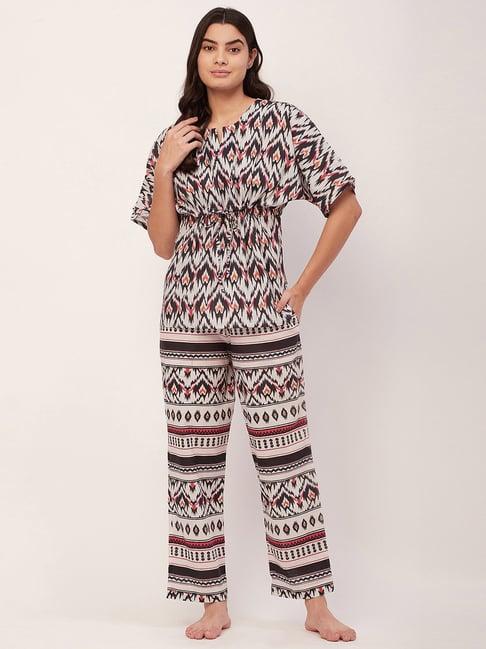 moomaya white & black cotton printed top with pyjamas
