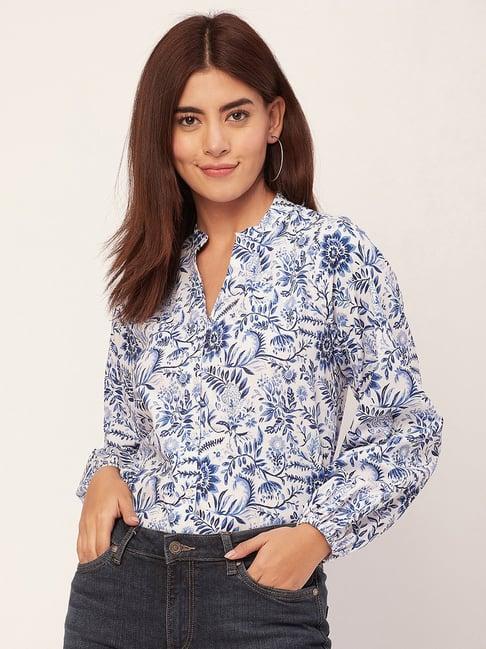 moomaya white & blue cotton floral print shirt