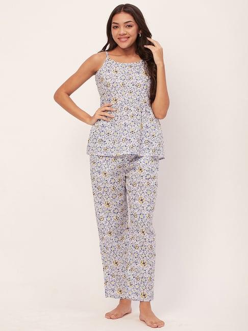 moomaya white & blue cotton floral print top with pyjamas