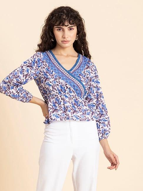 moomaya white & blue floral print top