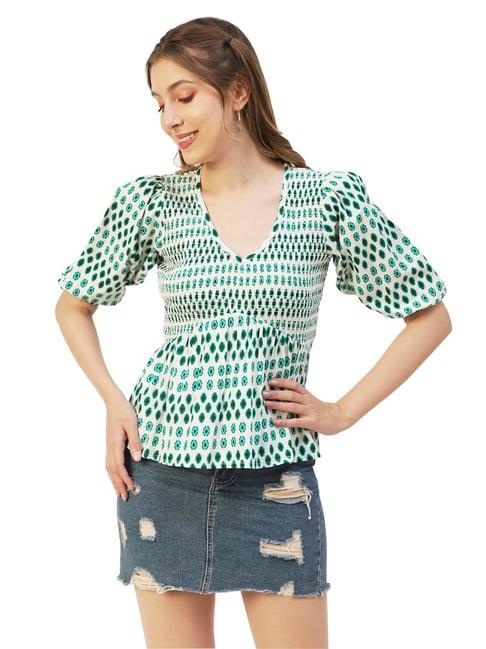 moomaya white & green cotton printed peplum top