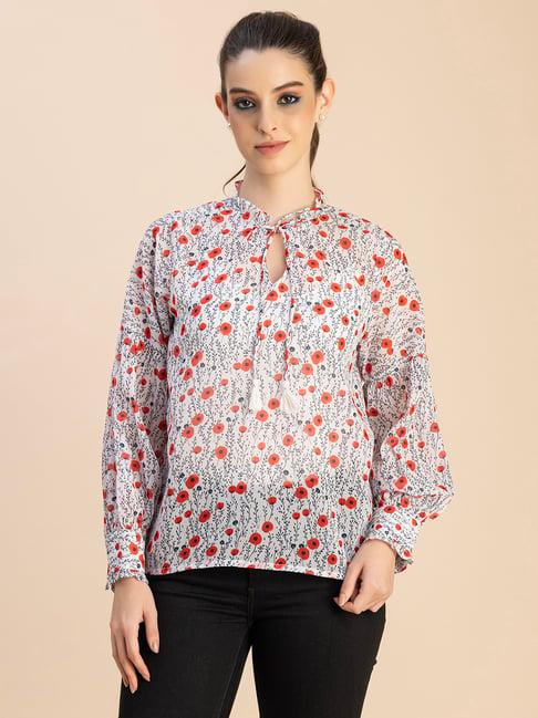 moomaya white & red floral print top