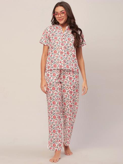 moomaya white cotton floral print top with pyjamas