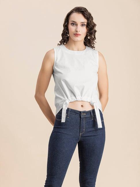 moomaya white cotton regular fit crop top