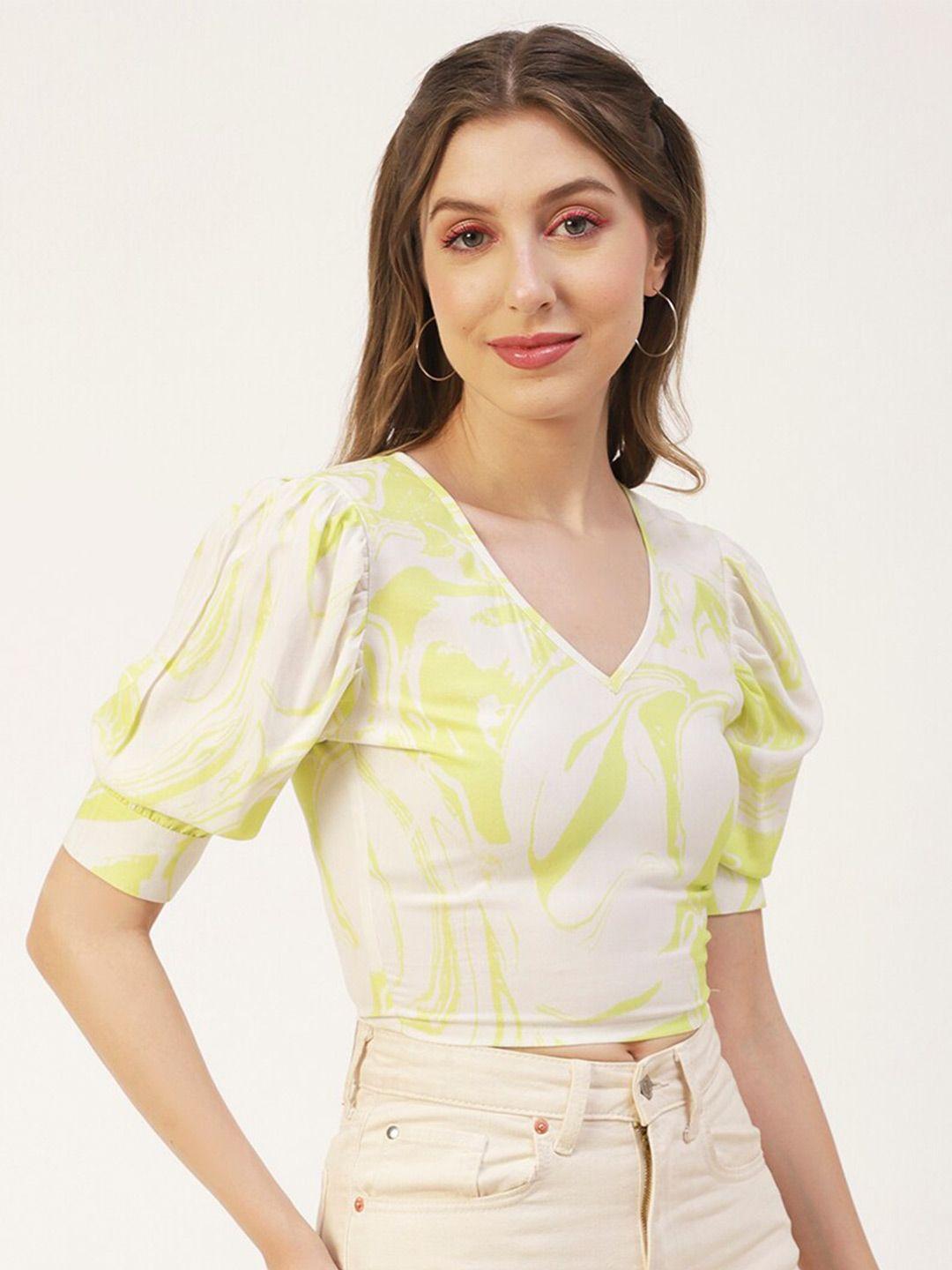 moomaya white geometric print puff sleeve wrap top