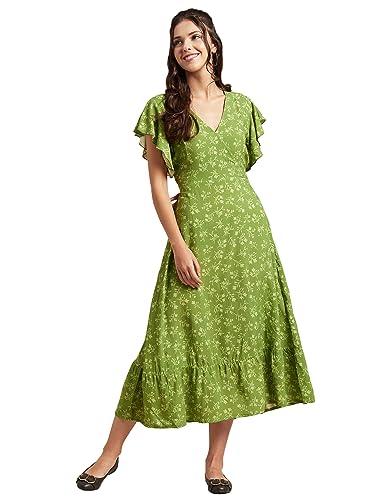 moomaya women’s printed dress, v-neck, short sleeves, ruffled midi summer viscose dress green