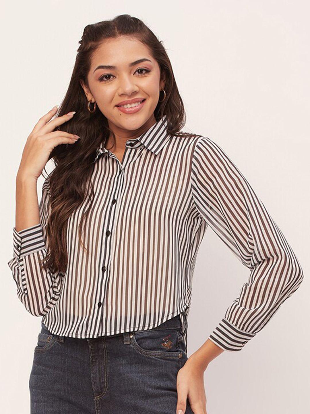 moomaya women black sheer striped casual shirt