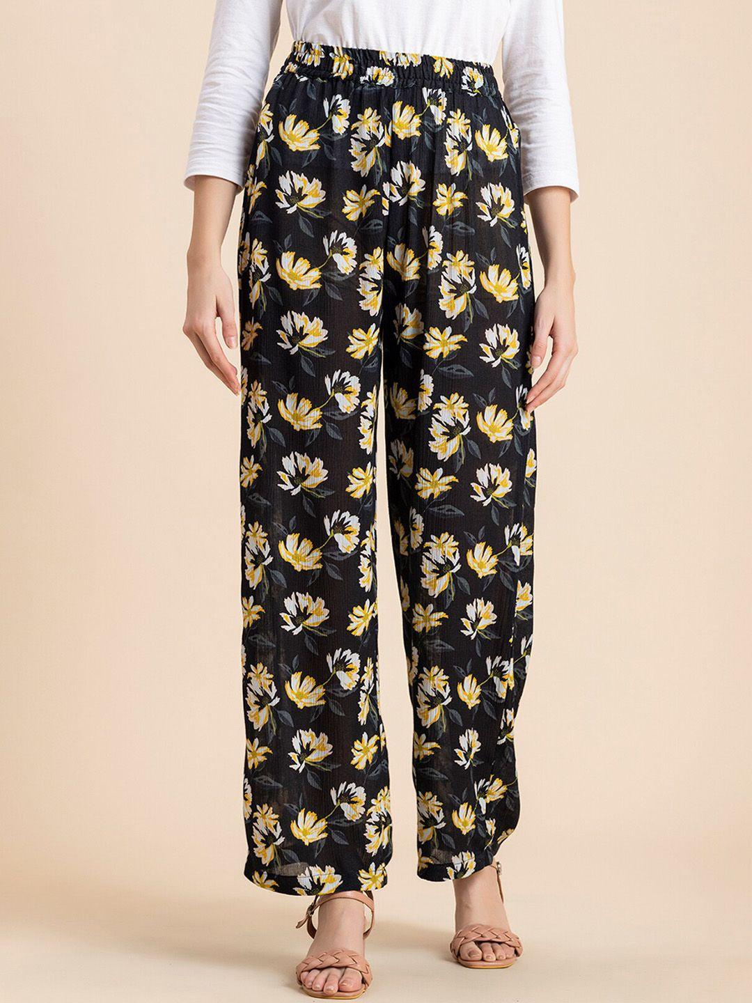 moomaya women floral printed loose fit high-rise parallel trousers