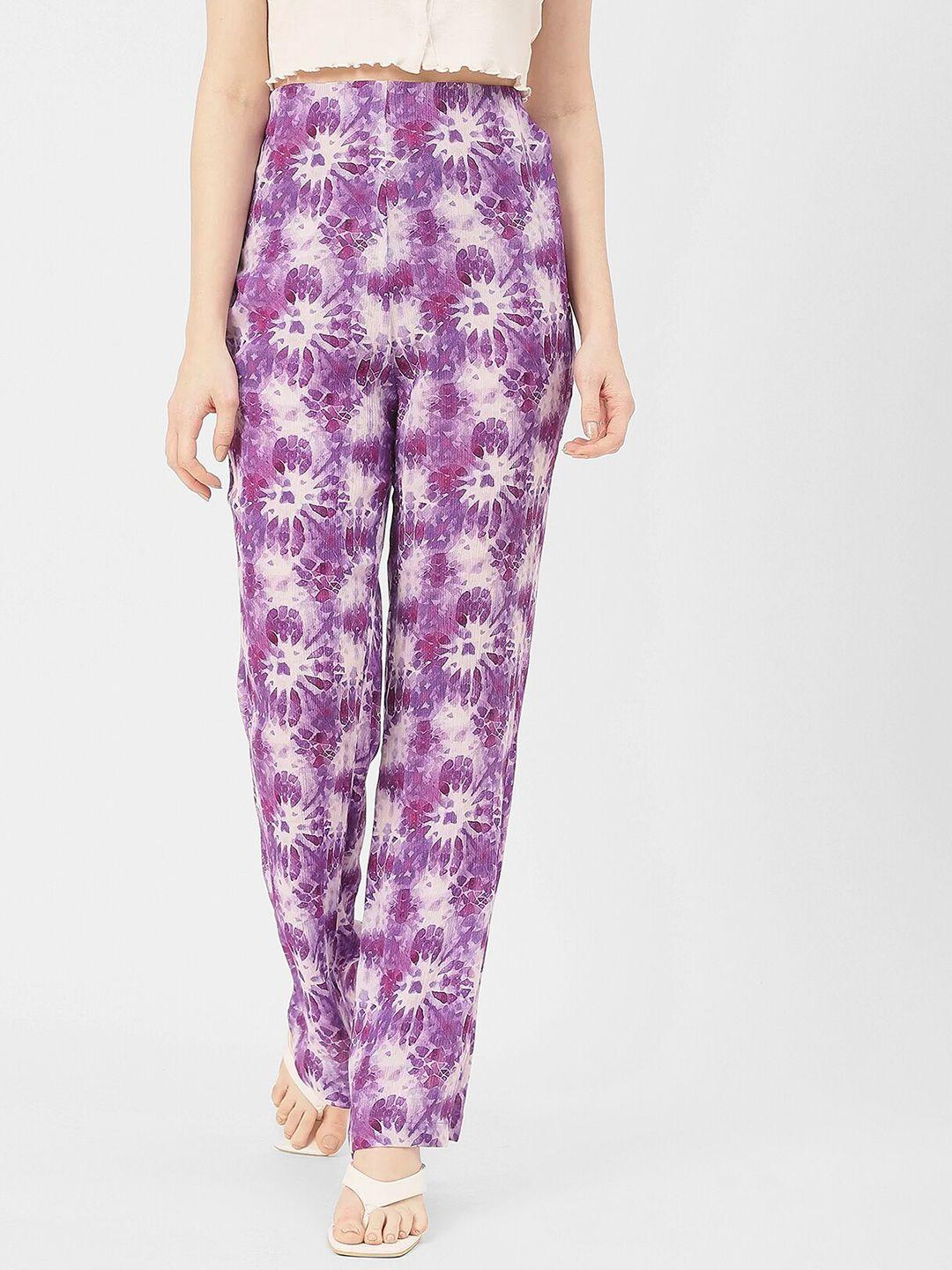 moomaya women lavender floral printed loose fit high-rise trousers