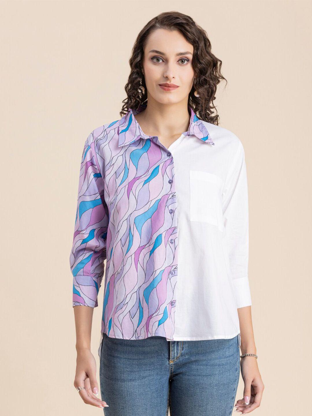 moomaya women lavender opaque printed casual shirt