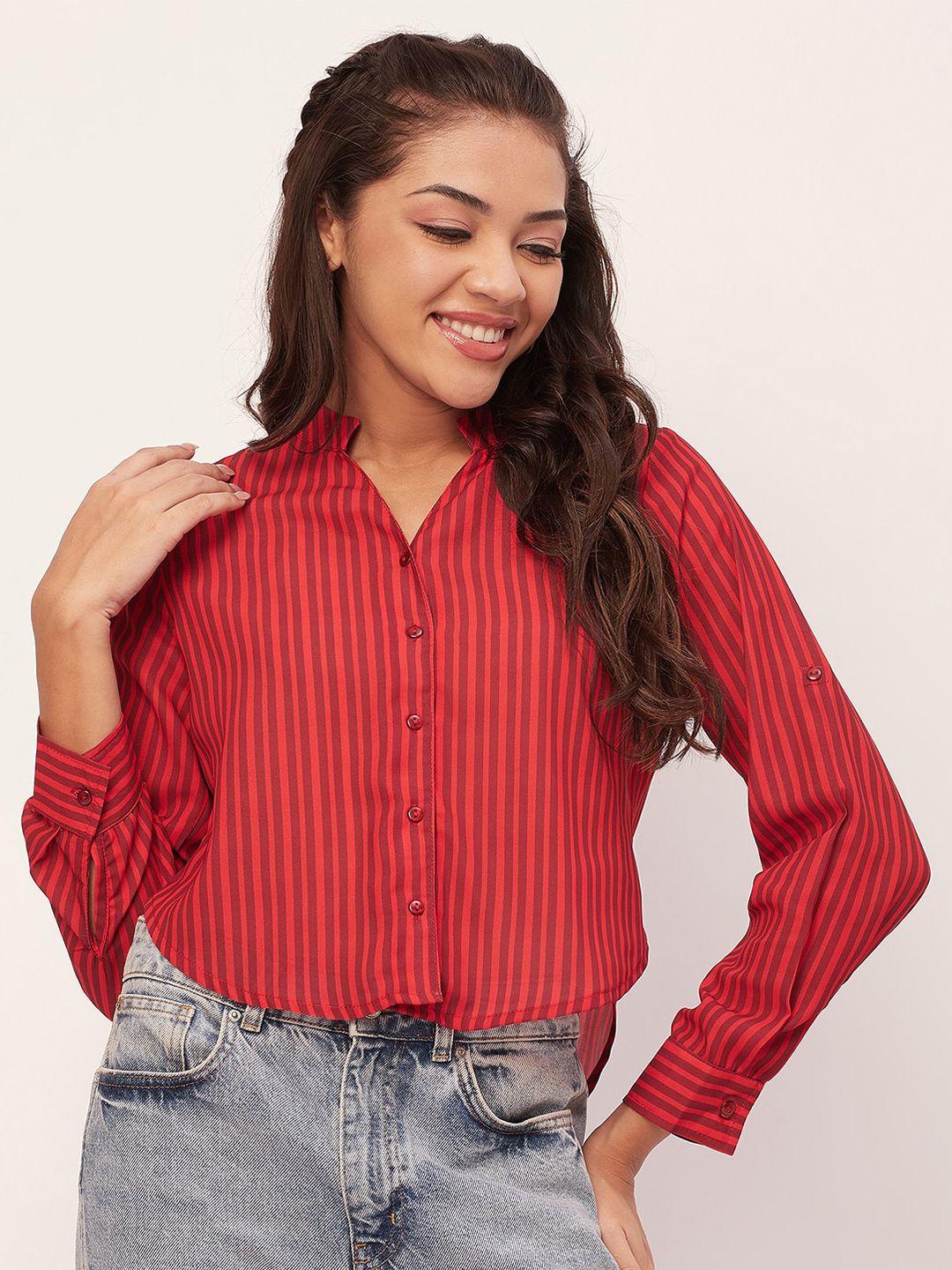 moomaya women red opaque striped casual shirt