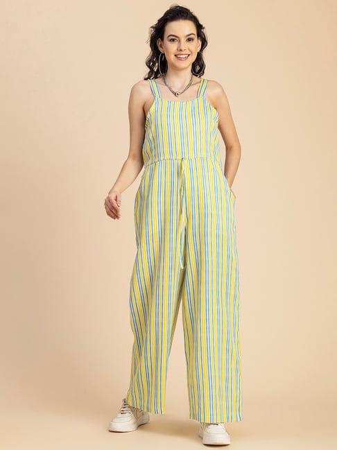 moomaya yellow & blue cotton blend striped jumpsuit