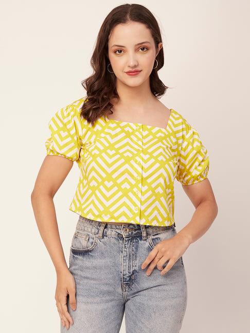 moomaya yellow & white cotton printed crop top