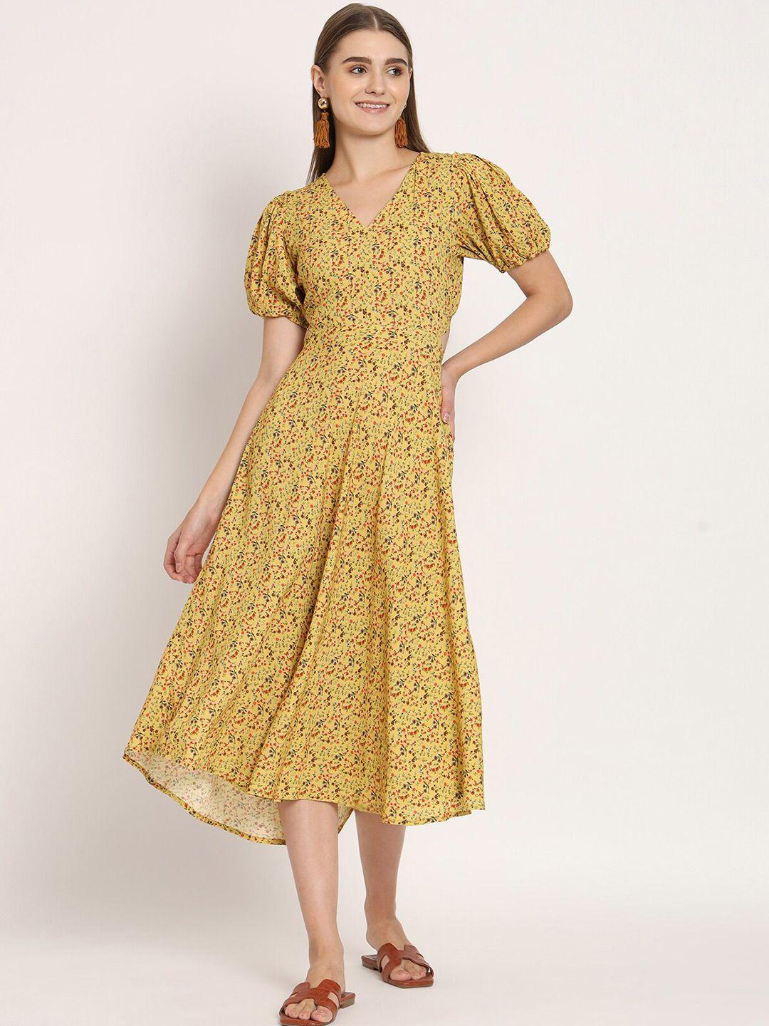 moomaya yellow floral print puff sleeve a-line midi dress