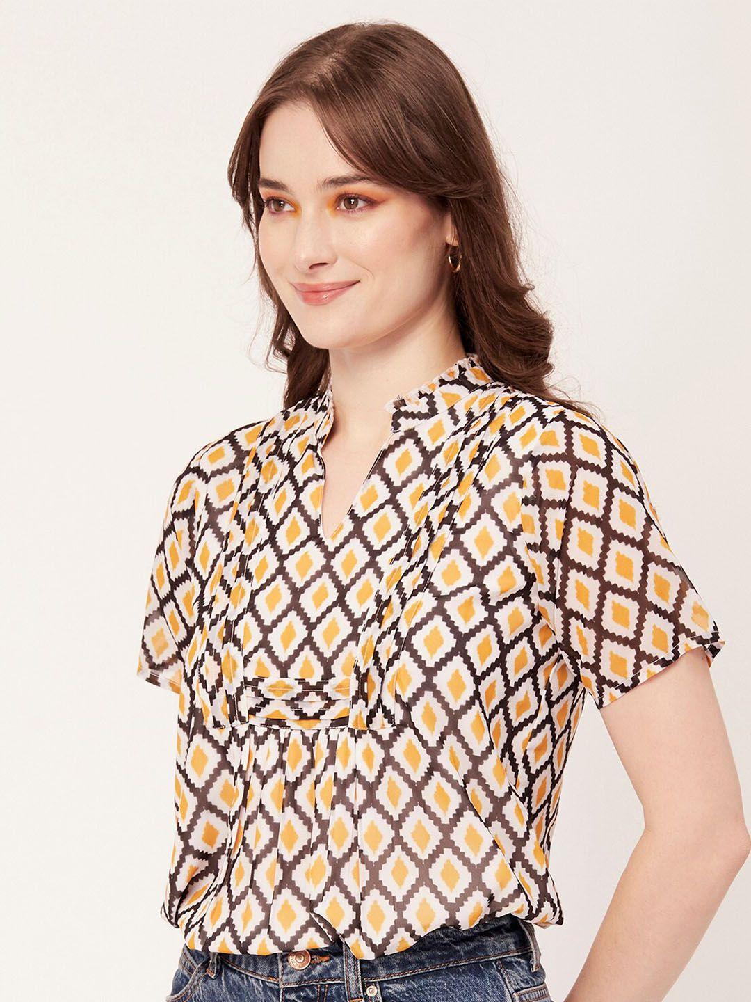 moomaya yellow geometric print mandarin collar extended sleeves georgette wrap top