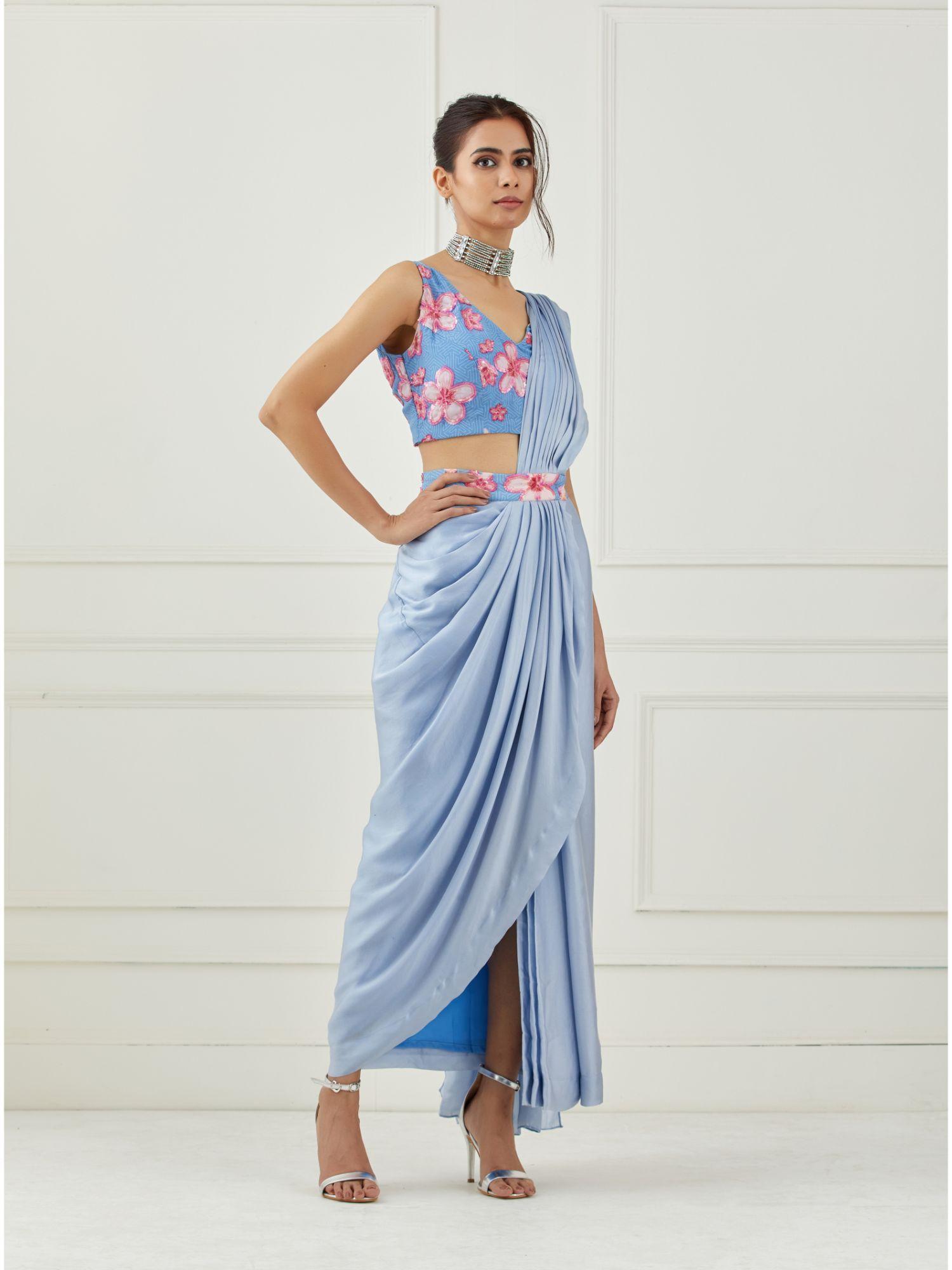 moon blue draped saree with sleeveless stitched blouse