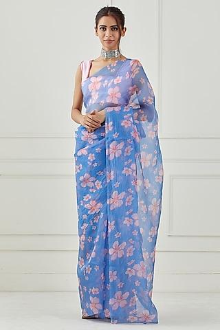moon blue silk organza printed saree set
