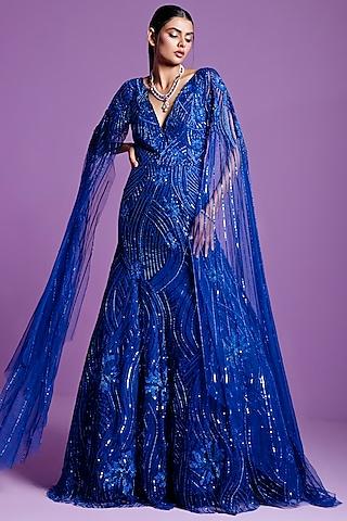 moonlight blue mesh embellished mermaid gown