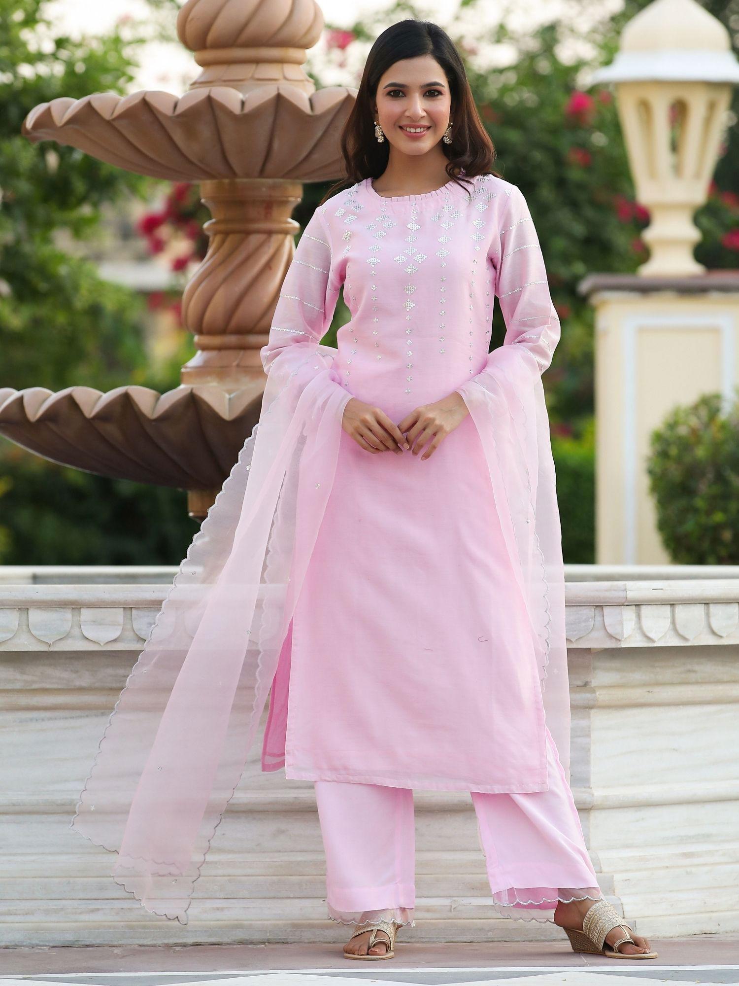 moonstone pink pure chanderi suit (set of 3)