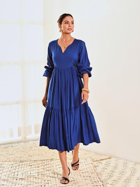 moontara blue wallflower cotton maxi long dress with belt