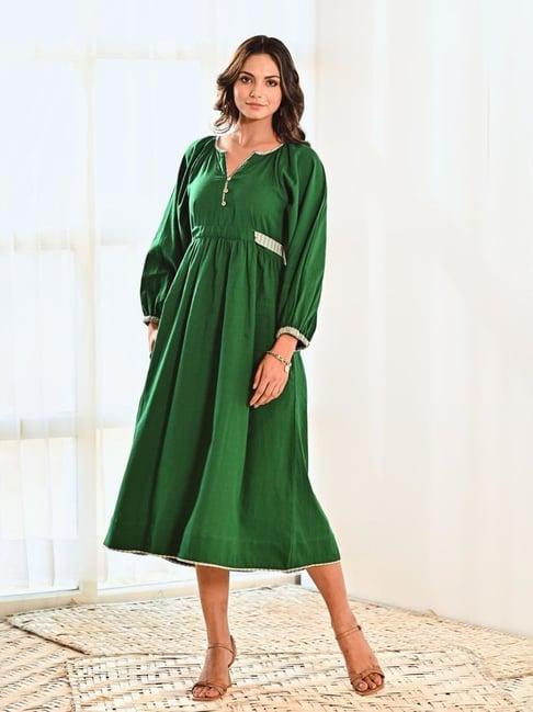 moontara emerald wallflower cotton maxi long dress with belt & baloon sleeves