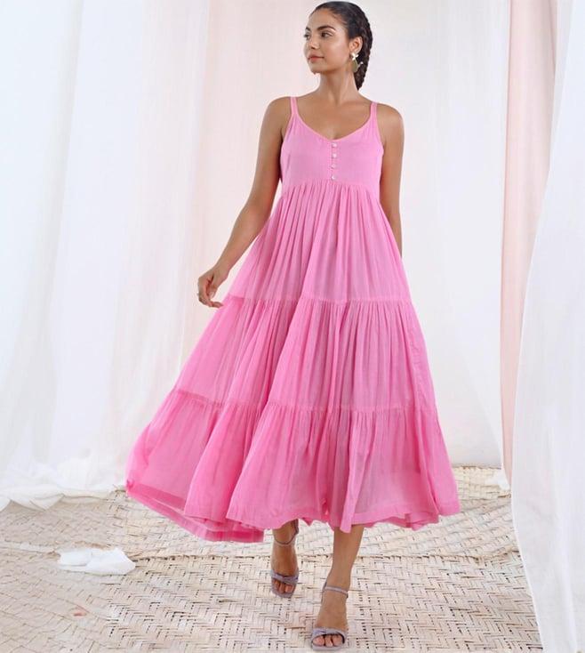 moontara pink aurora cotton voile flared maxi dress