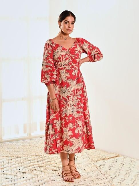 moontara red wallflower cotton floral print a line long dress