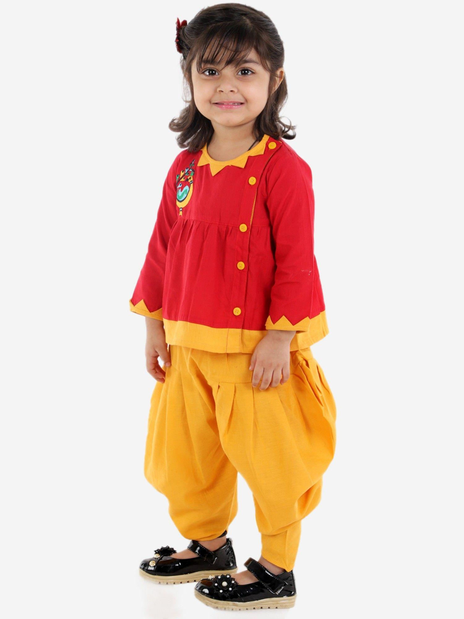 mor embroidery top dhoti for girls- red (set of 2)