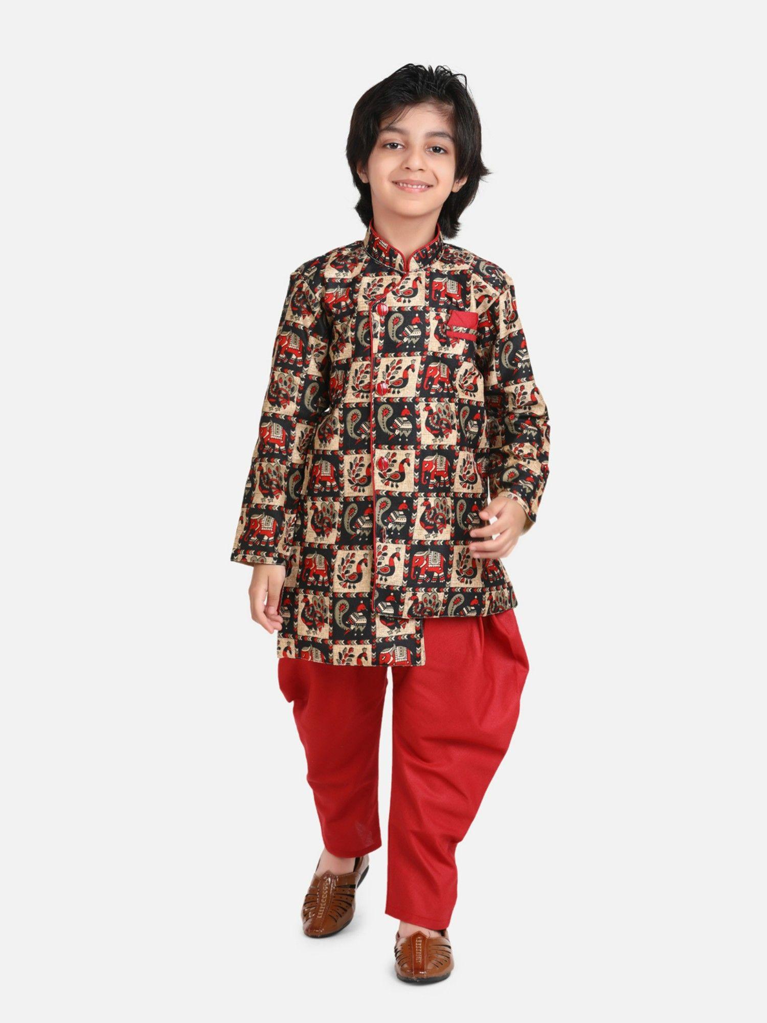 mor print full sleeve sherwani pyjama- maroon (set of 2)