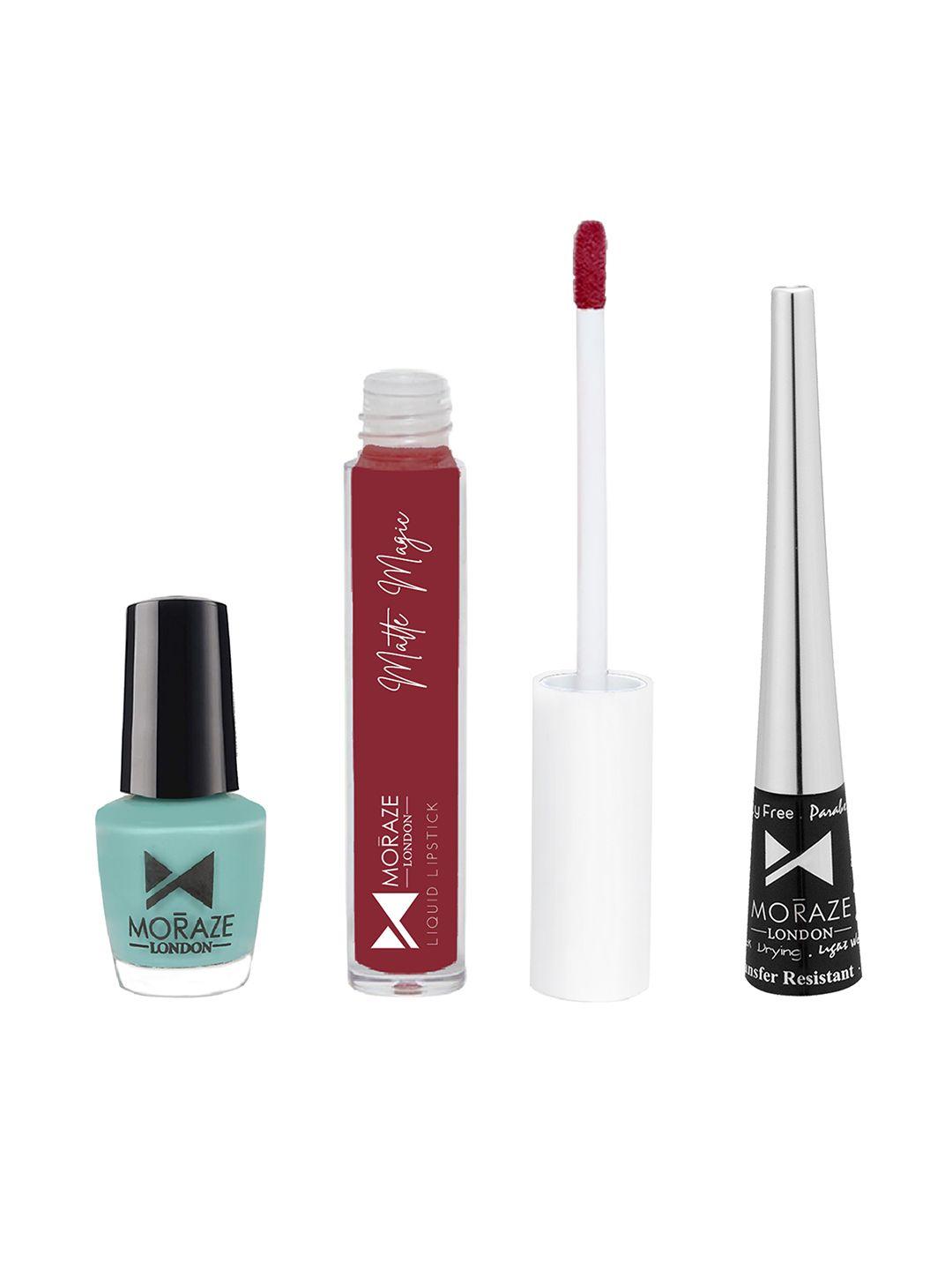 moraze combo pack of nail polish (aquamarine), eyeliner, & liquid lipstick (no regret)