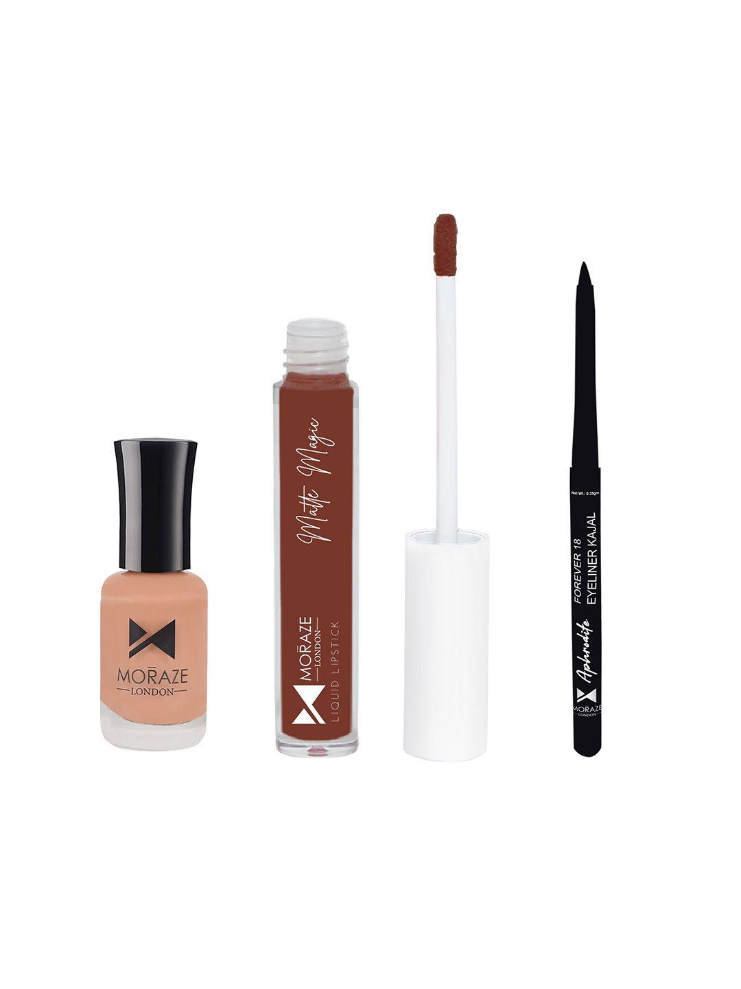 moraze set of 1 nude nail polish with 1 maroon liquid lipstick & 1 kajal