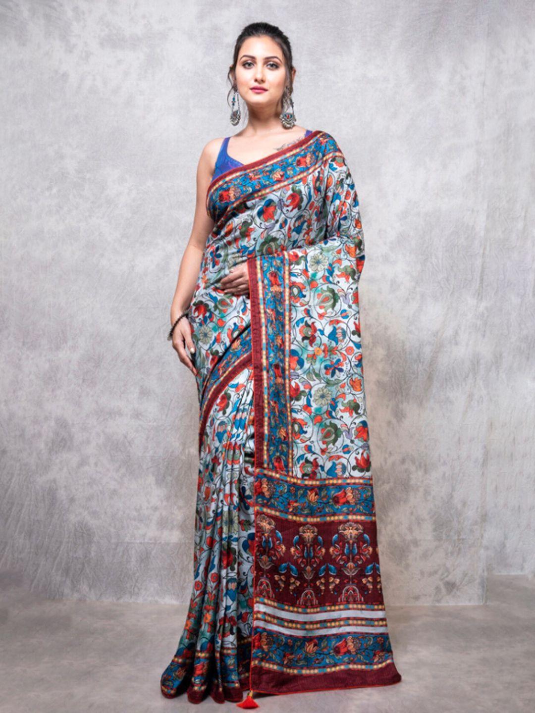morchari blue & red floral pure silk saree