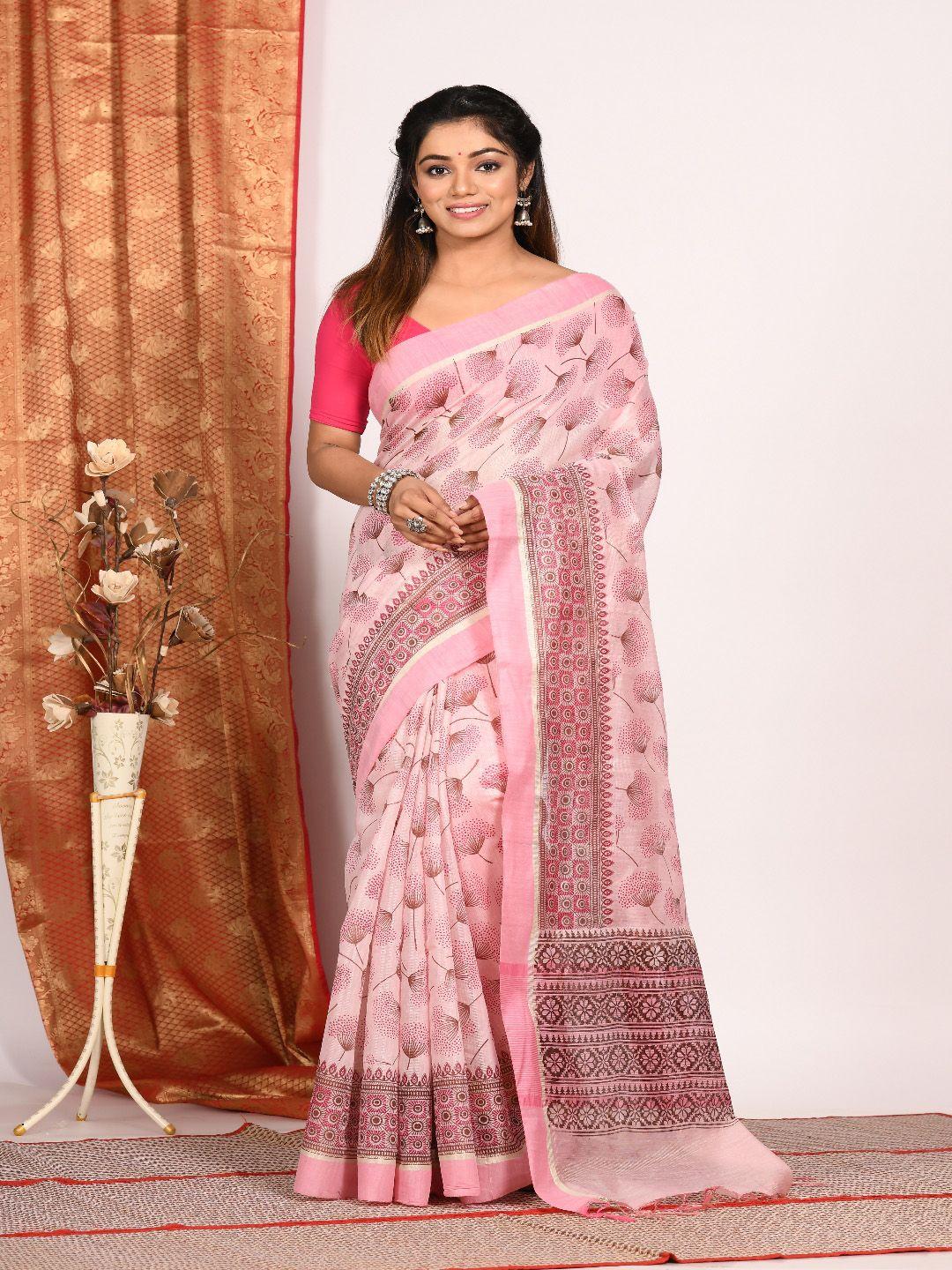 morchari pink & gold-toned zari tissue block print saree