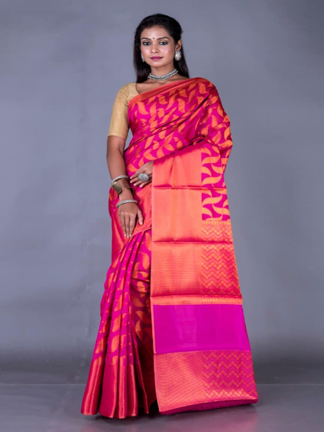 morchari pink & orange woven design zari banarasi saree