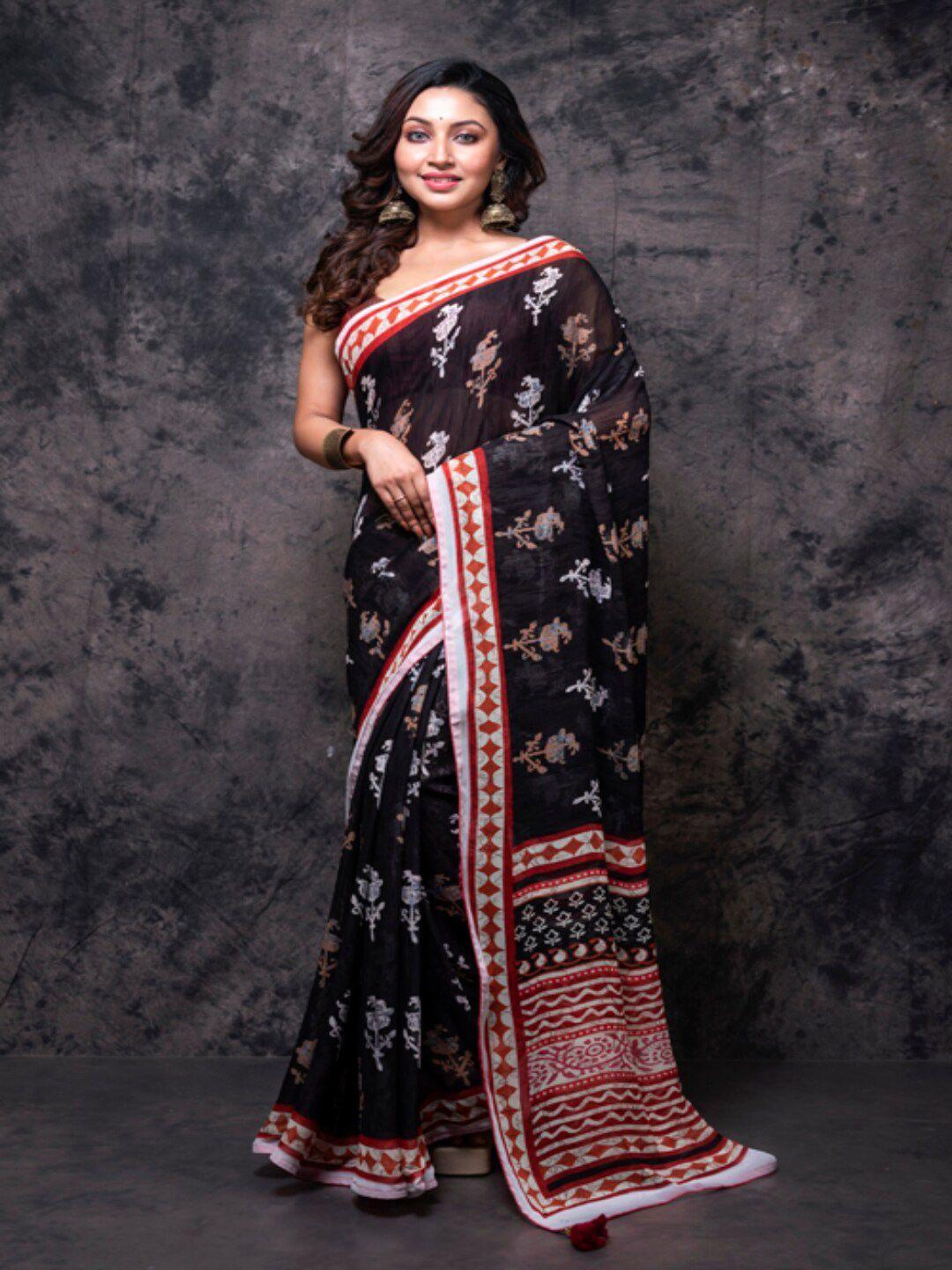 morchari black & red floral pure georgette saree