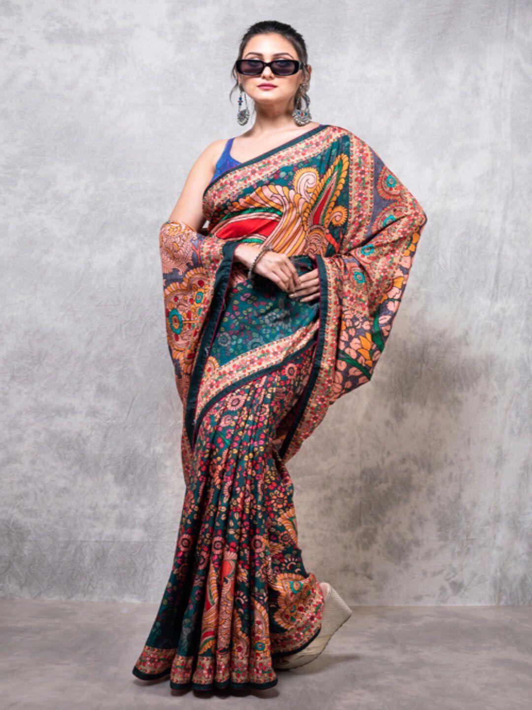 morchari peach-coloured & green kalamkari pure silk saree