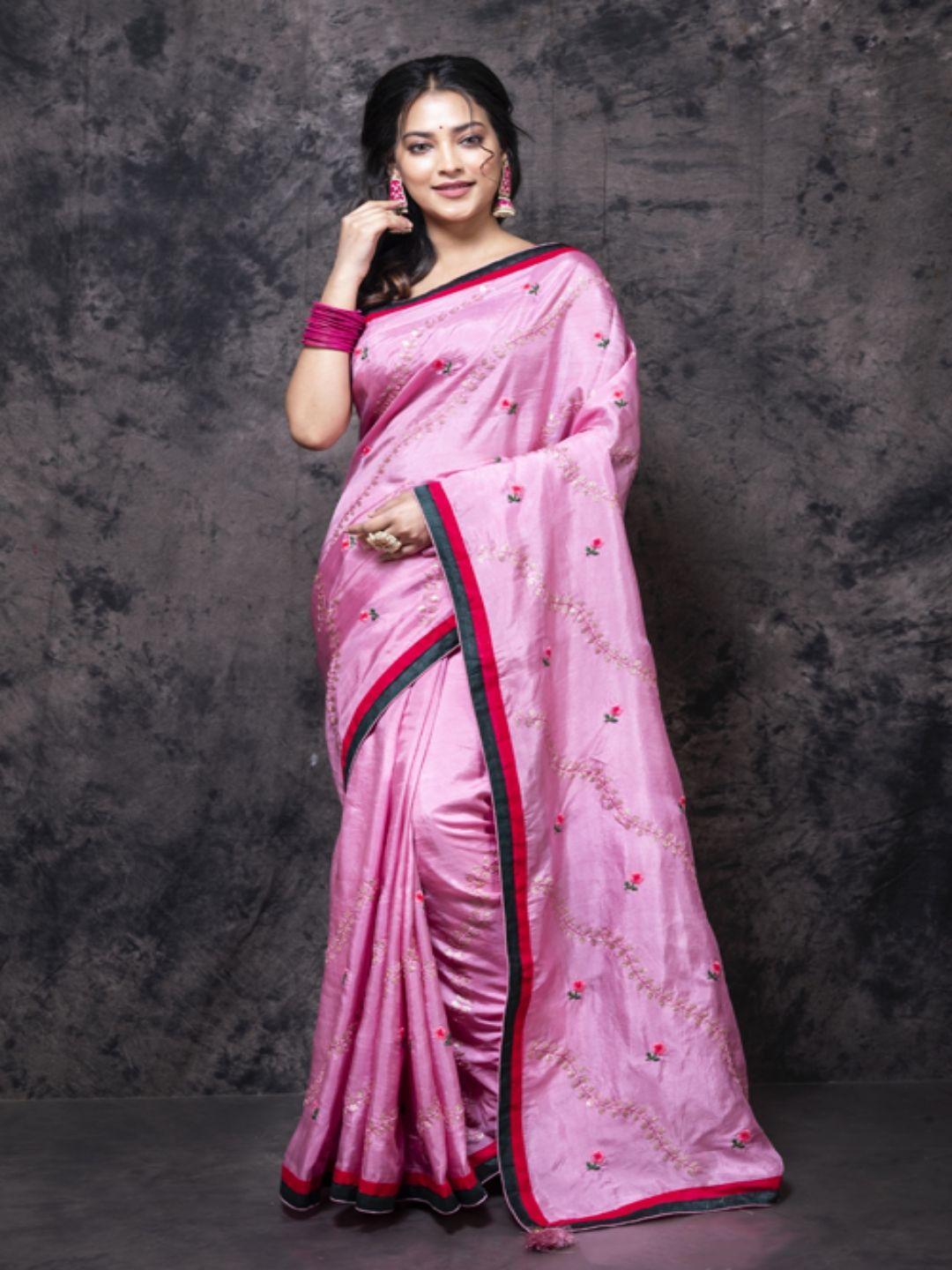 morchari pink & grey floral embroidered pure chiffon saree