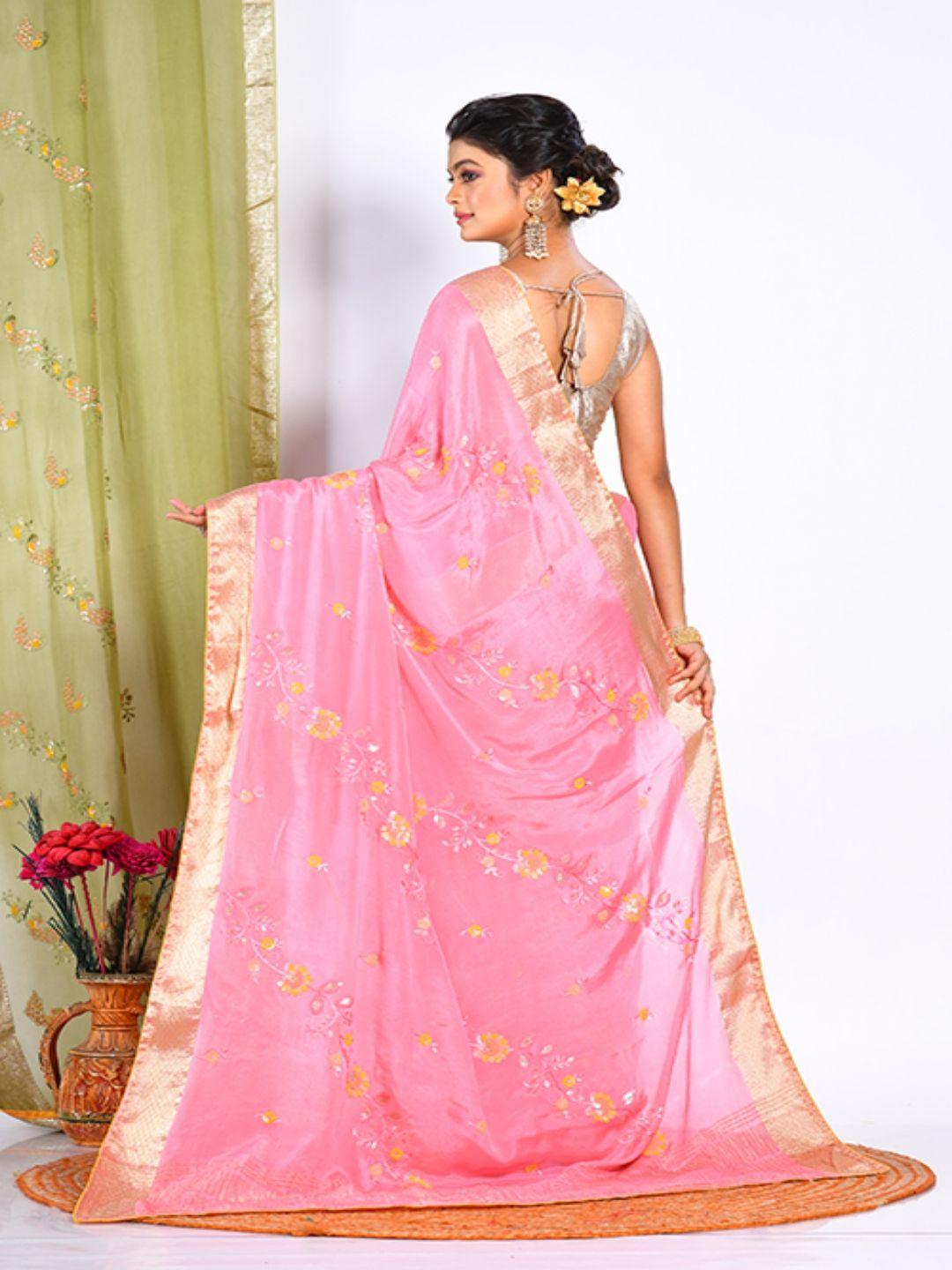 morchari pink & yellow floral zari pure chiffon saree