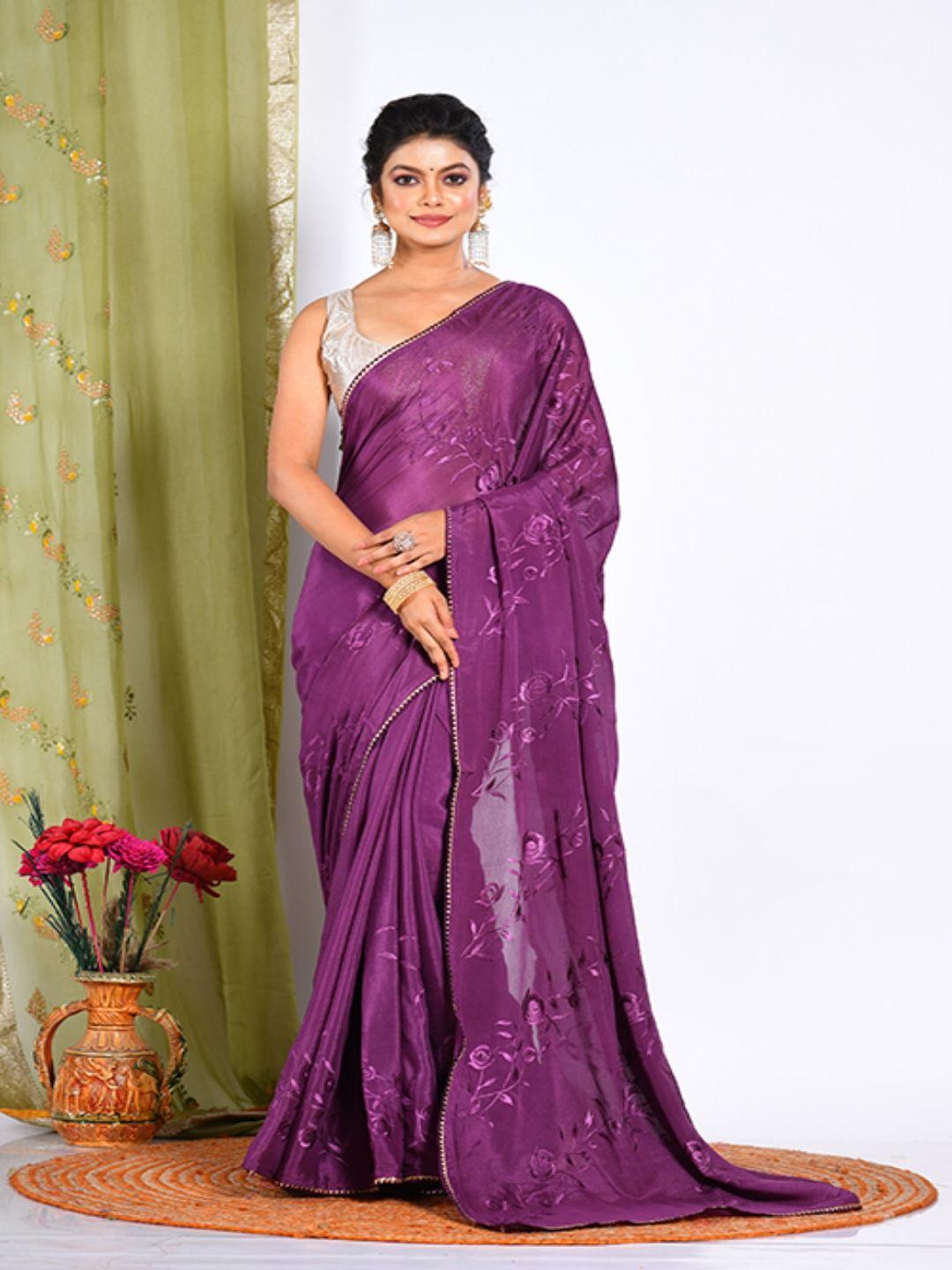 morchari purple floral pure chiffon saree