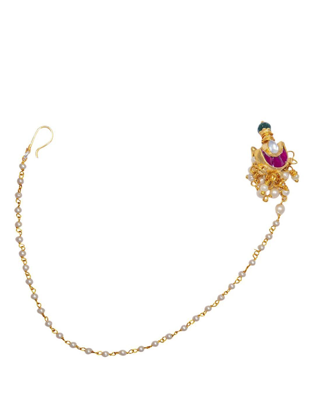 morkanth jewellery gold-plated off-white & pink pachi kundan-studded & beaded chained nose ring