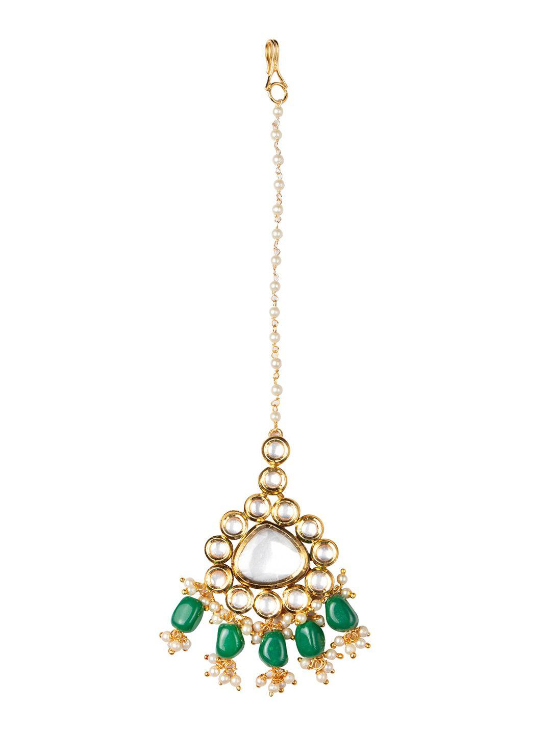 morkanth jewellery 24k gold-plated & green kundan stone studded & beaded handcrafted maang tikka